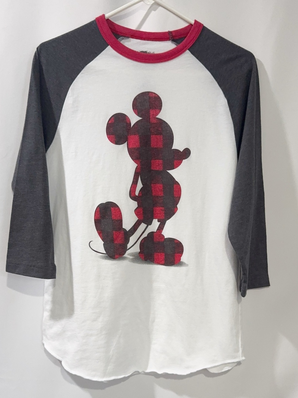 Disney Buffalo Plaid Mickey Mouse T-Shirt Womens M Raglan 3/4 Sleeve Tee Shirt